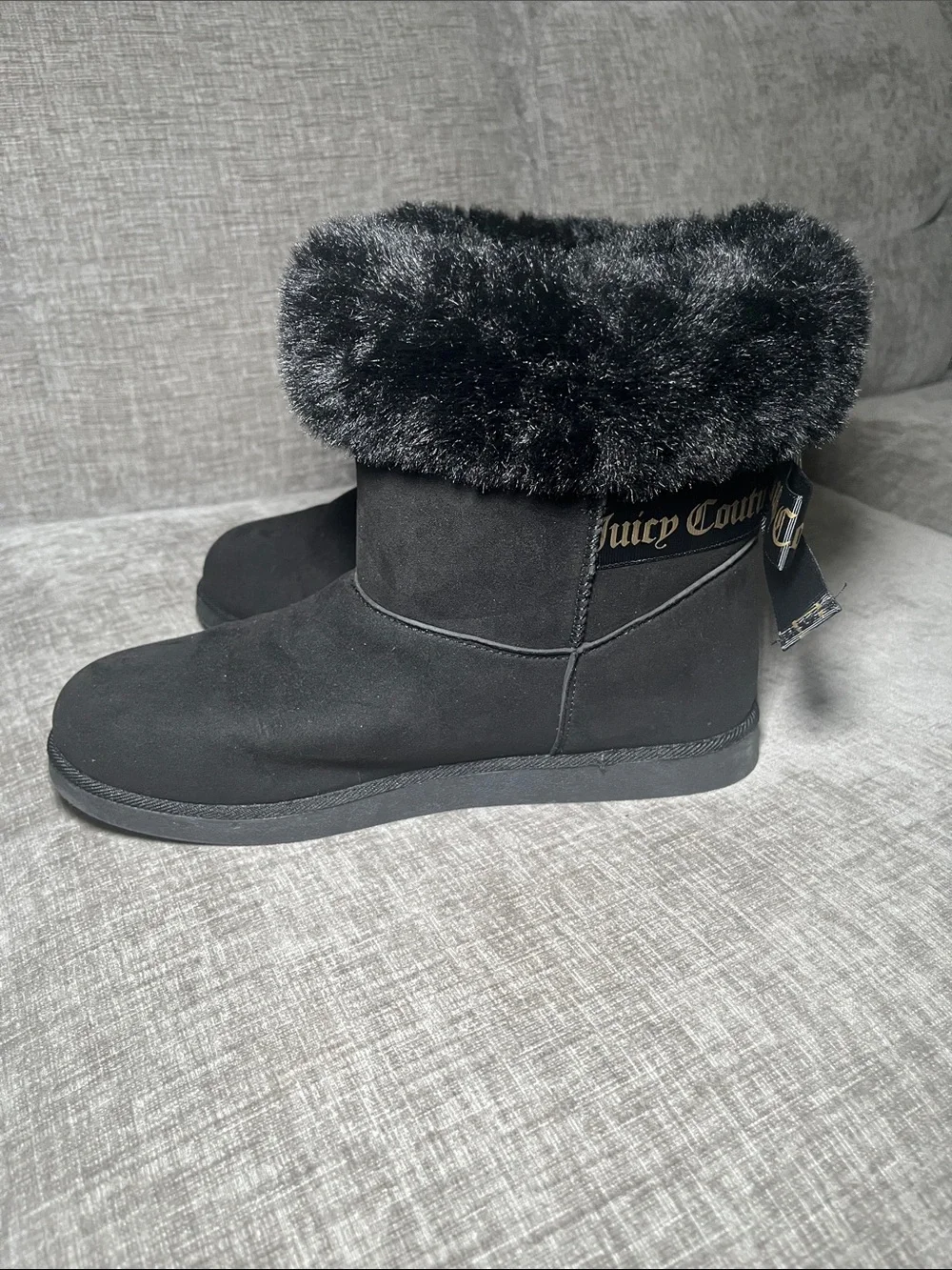 Juicy Couture Black Faux Fur Cuff Ankle Boots with Gold Logo Bows